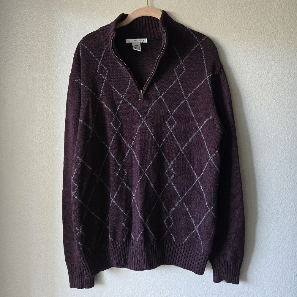 Men's Burgundy Argyle Sweater, Quarter Zip, Size M